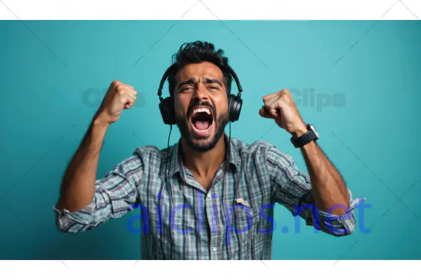 Excited Man with Headphones Cheering