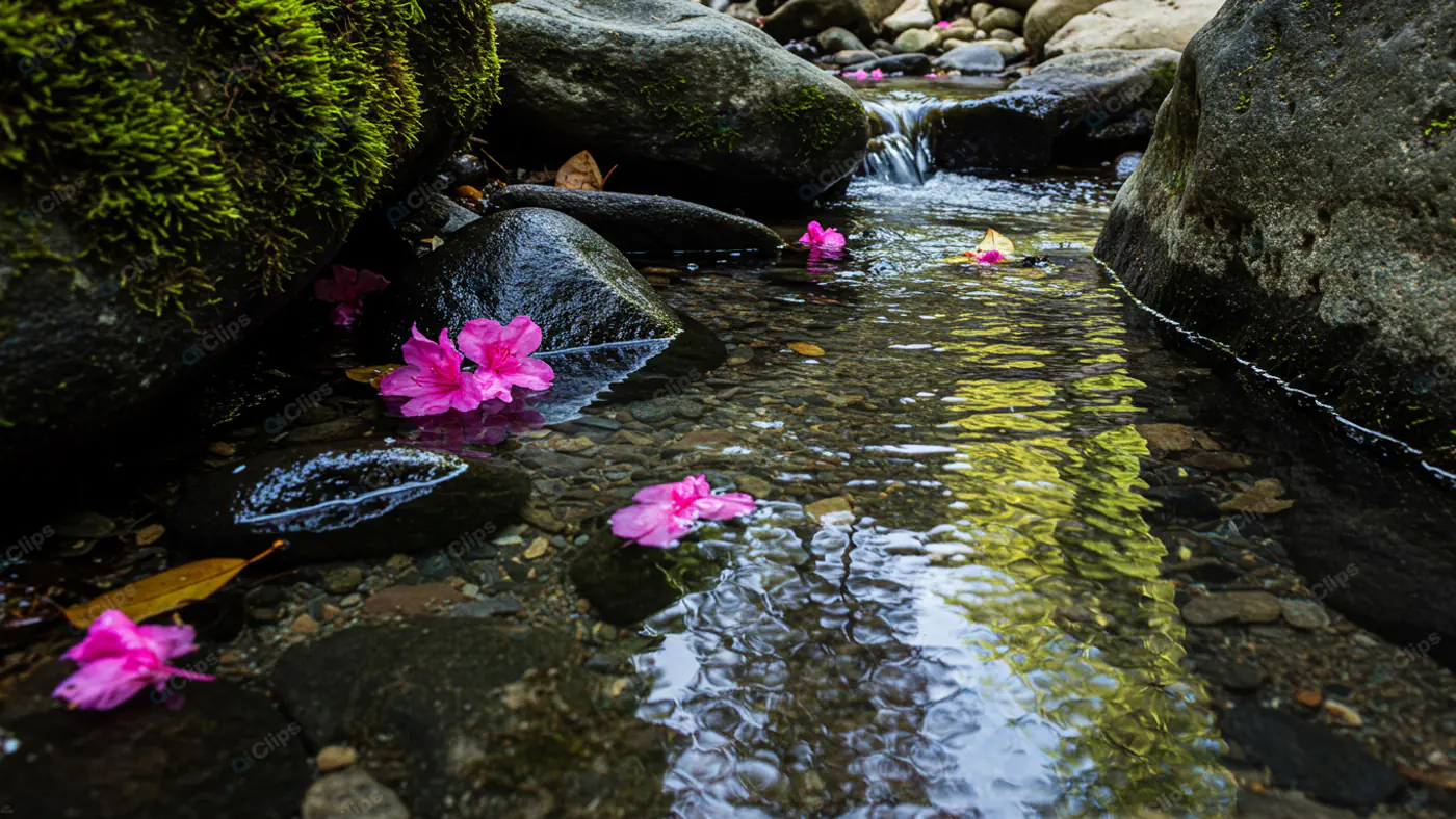 Tranquil Stream with Pink Blossoms
