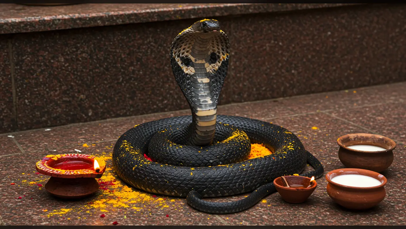 Real Cobra Snake Worship on Naga Panchami with Milk and Diyas | AIClips Hindu Ritual Image
