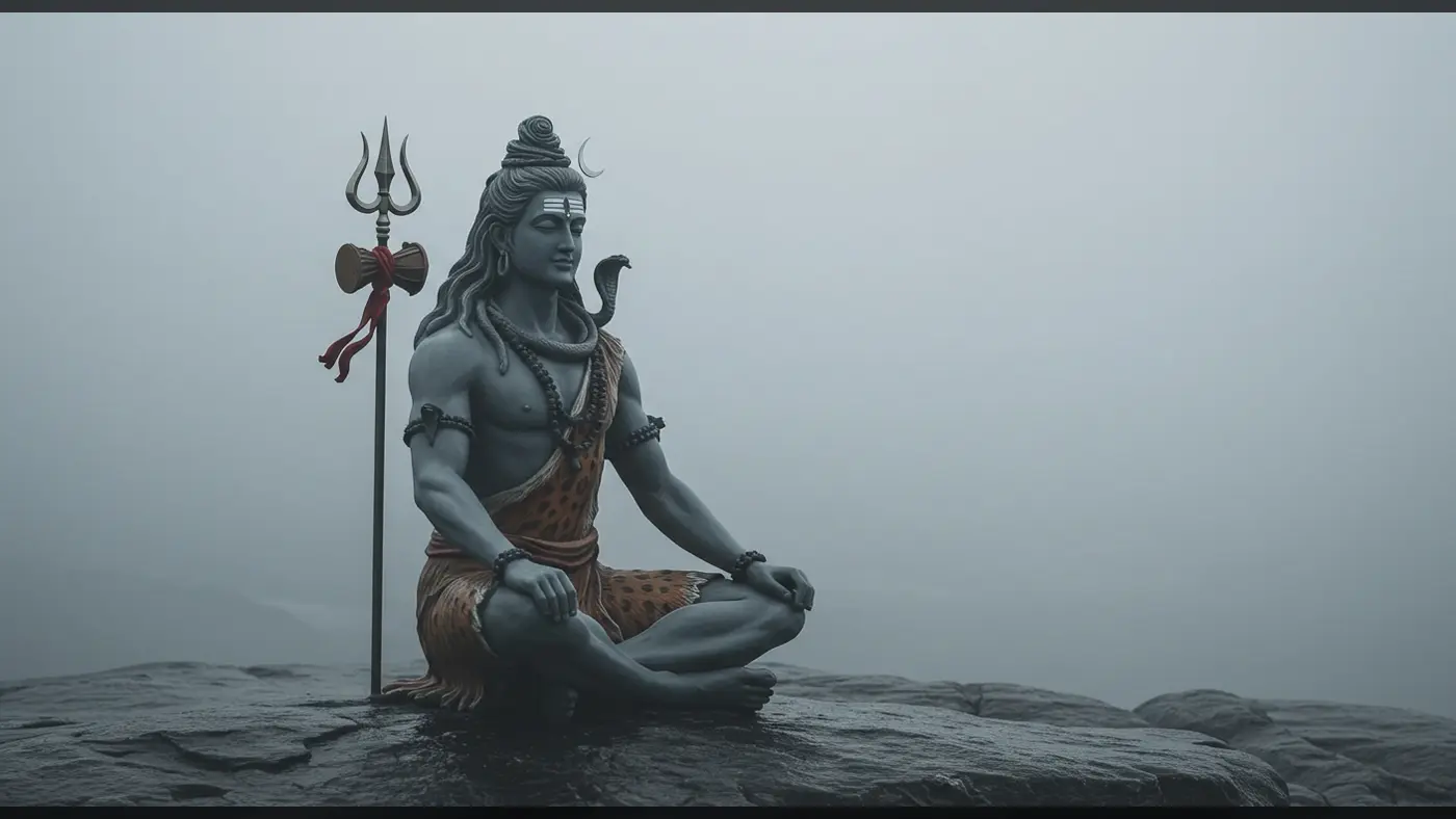 Lord Shiva Meditating on a Misty Mountain Cliff