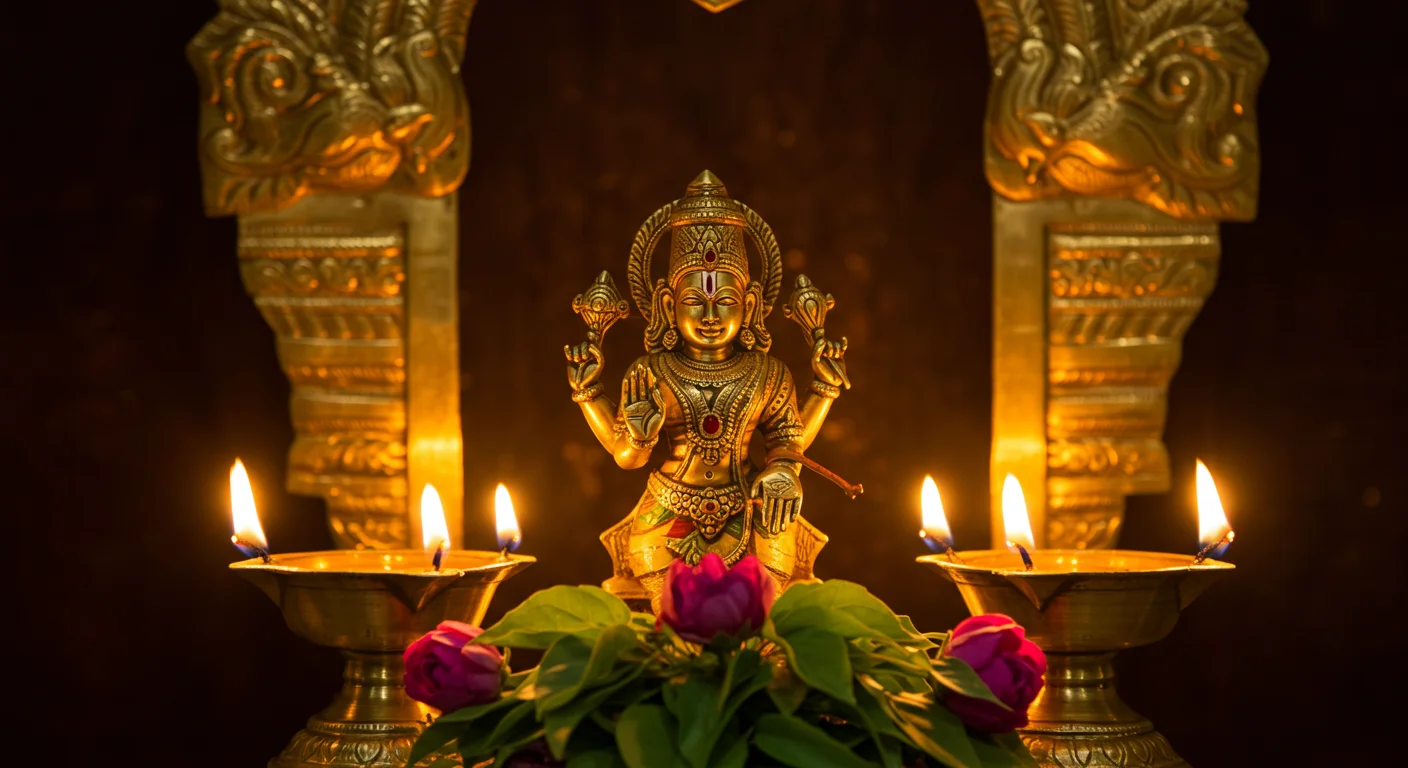 Golden Lakshmi Devi Idol with Deepams and Lotus Flowers | AIClips Indian Puja Decor