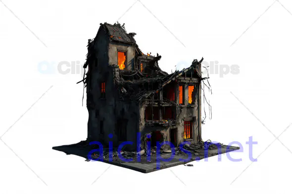 3D Burning Collapsed Building Ruins