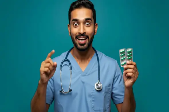Excited Doctor Presenting Medication