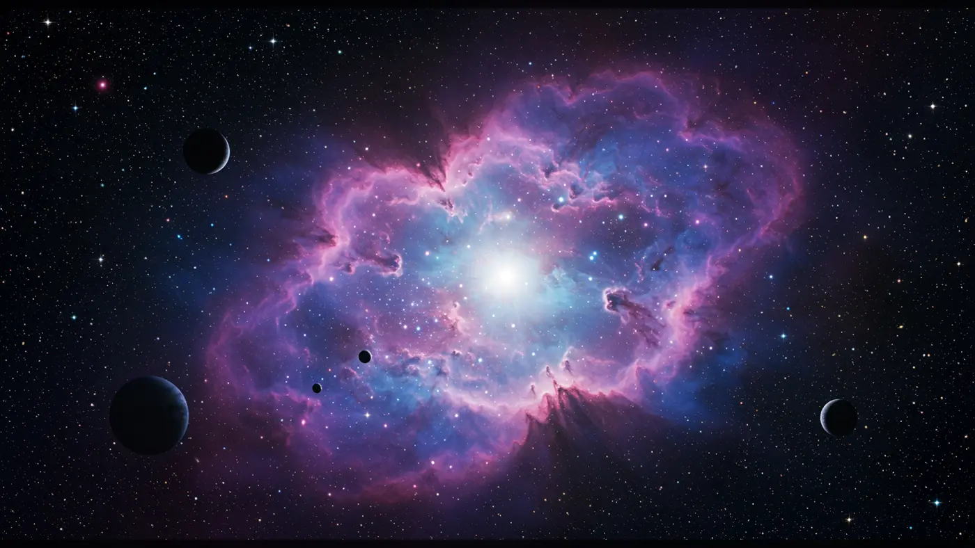 Radiant Nebula Burst with Orbiting Planets in Deep Space