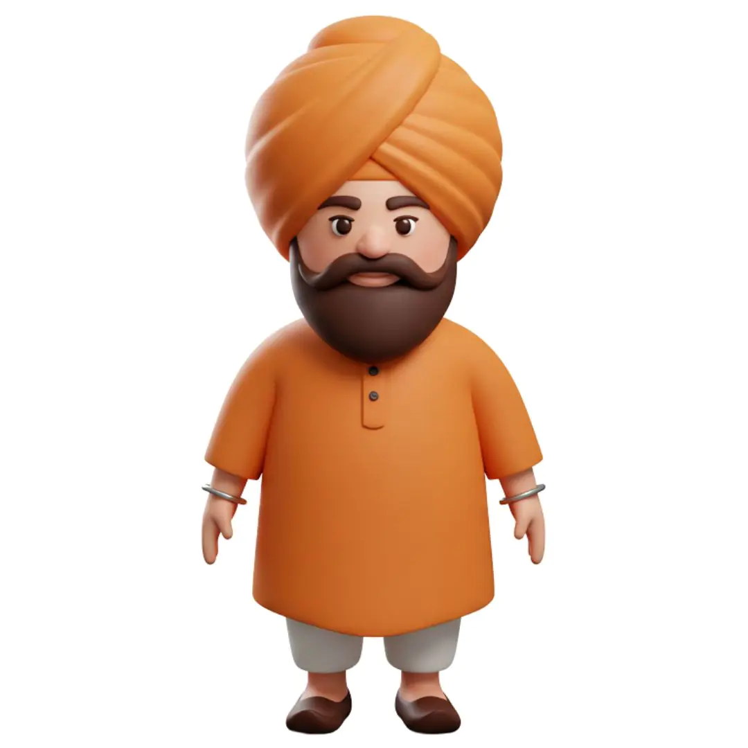 3D Sikh character orange kurta turban beard cartoon