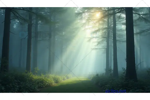 Sunlit Path in a Misty Forest