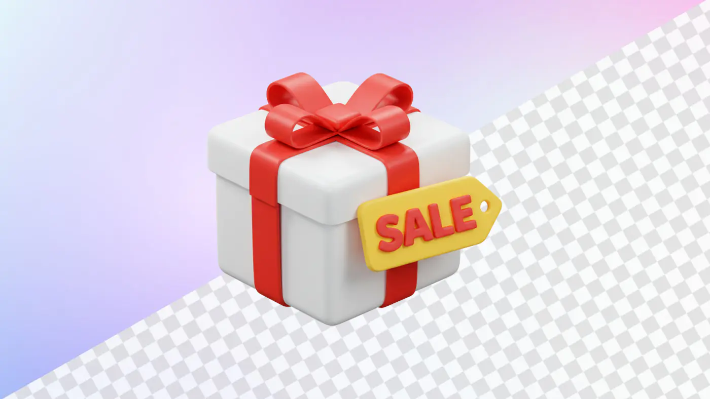 White gift box red ribbon yellow sale tag