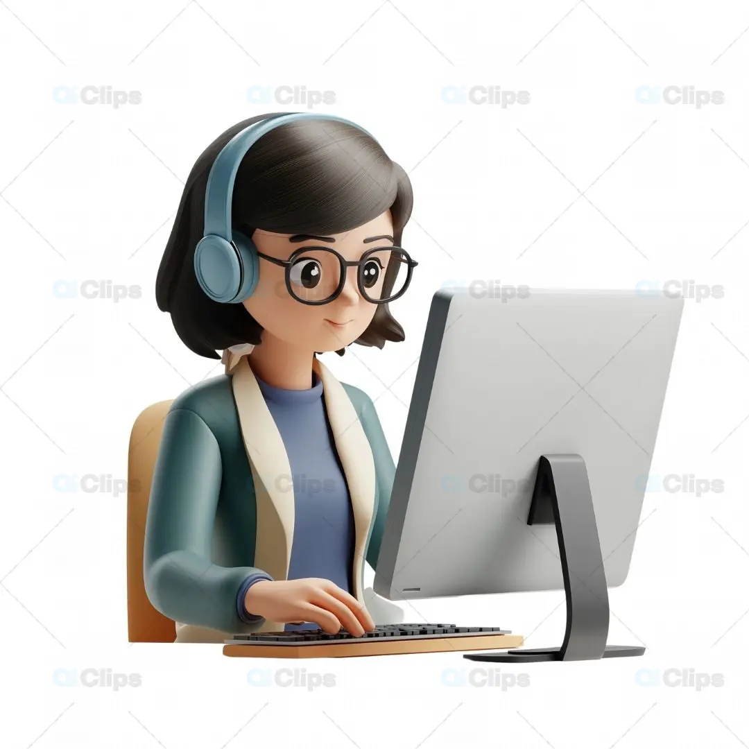 3D Female Character Working at Desktop Computer with Headphones