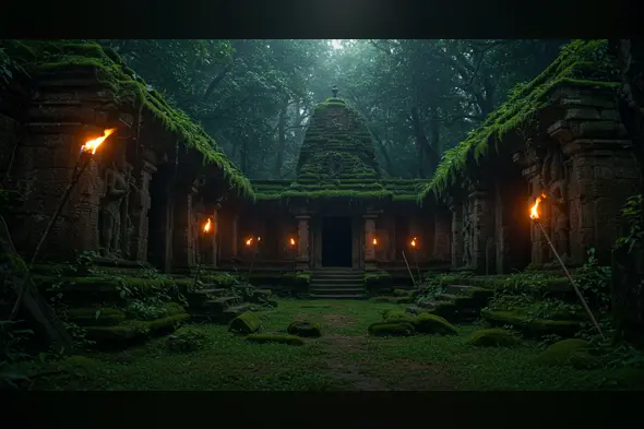 Mossy Ancient Temple Courtyard with Torches – Abandoned Indian Heritage Site in Jungle
