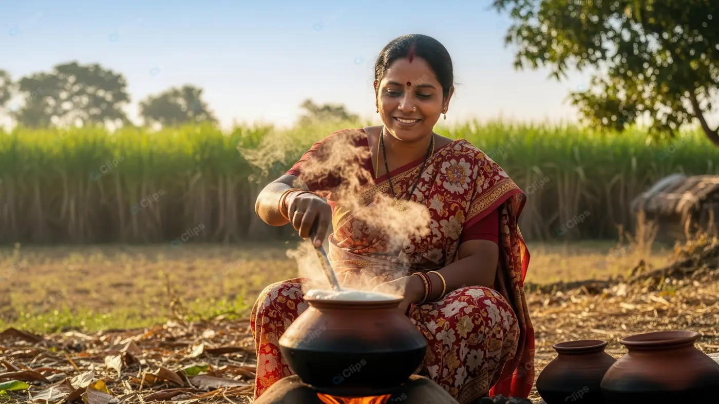 Serene Indian Village Woman Cooking at Dawn