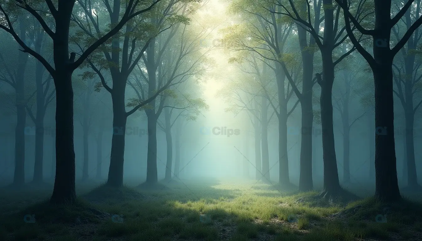 Sunlit Clearing in a Misty Forest