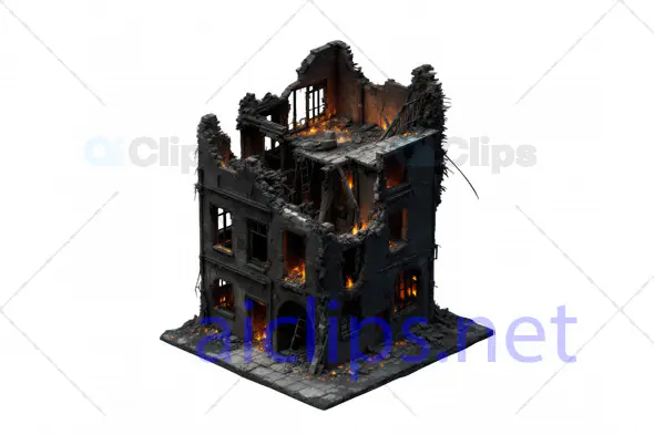 3D War-Torn Building with Burning Interior