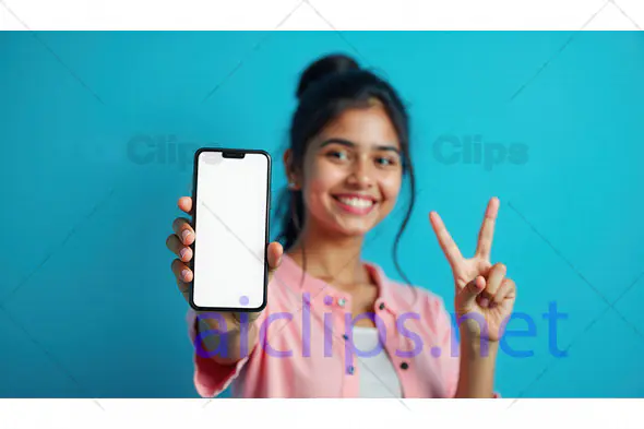 Smiling Woman Holding Smartphone with Peace Sign
