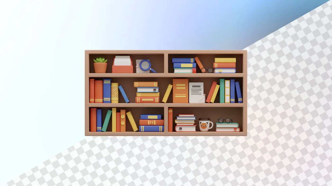 Wooden bookshelf with colorful books and accessories