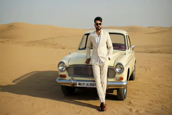 Desert man with classic car