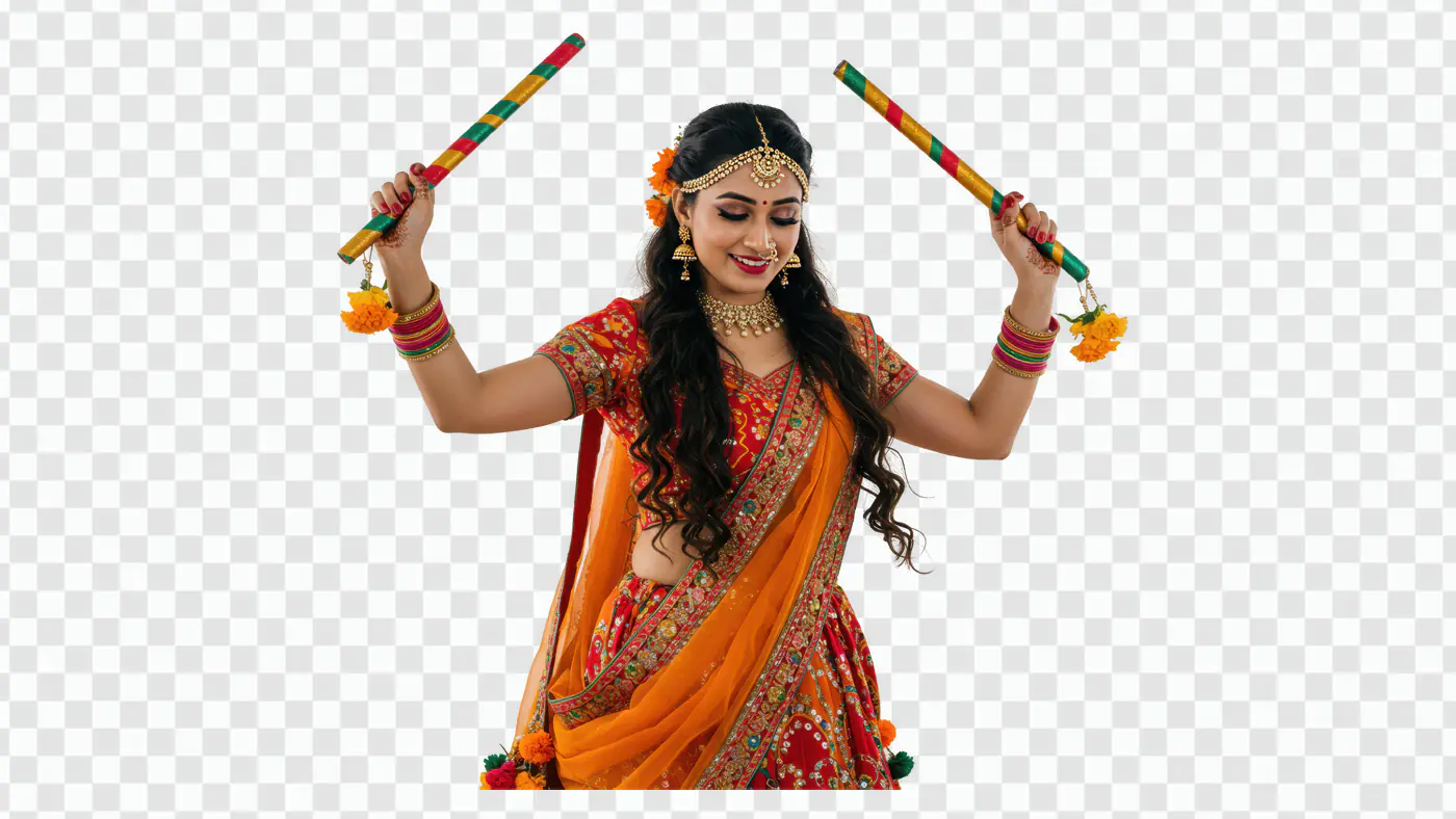 Traditional Indian Woman with Dandiya Sticks PNG Clipart