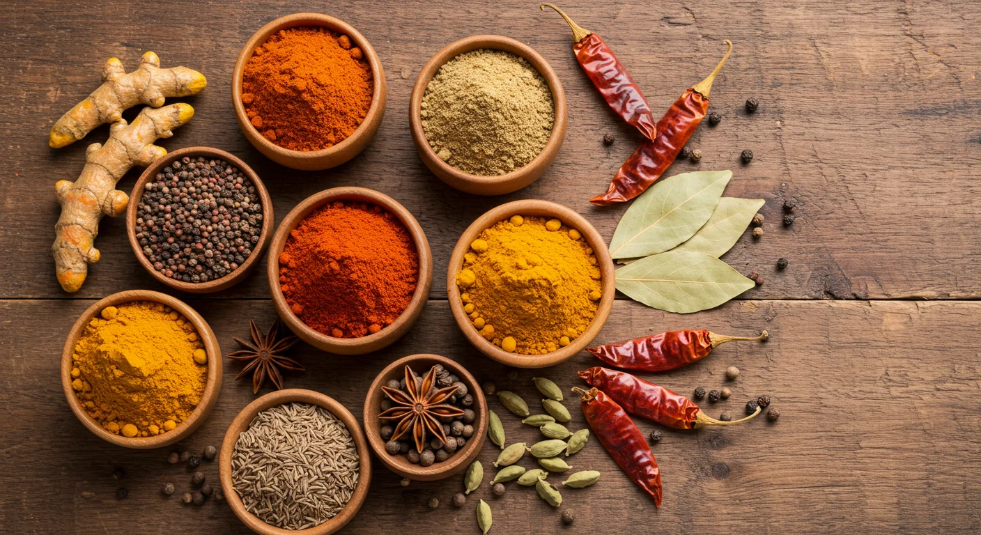 Colorful Indian Masala Spices in Wooden Bowls | Authentic Flatlay | AIClips