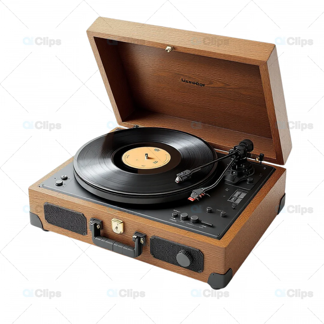 3D Retro Vinyl Record Player with Wooden Finish
