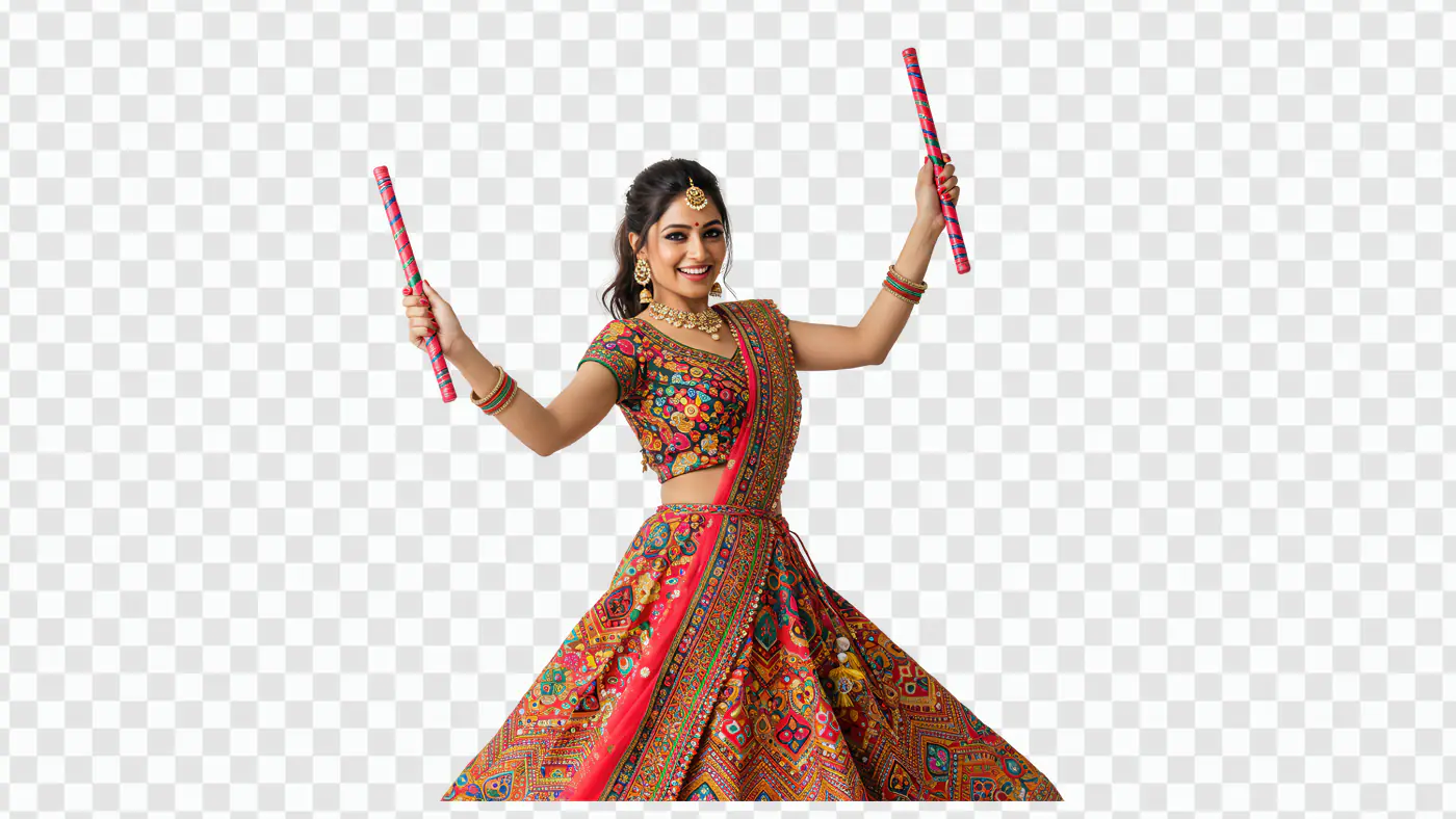 Smiling Indian Woman Holding Dandiya Sticks PNG Clipart