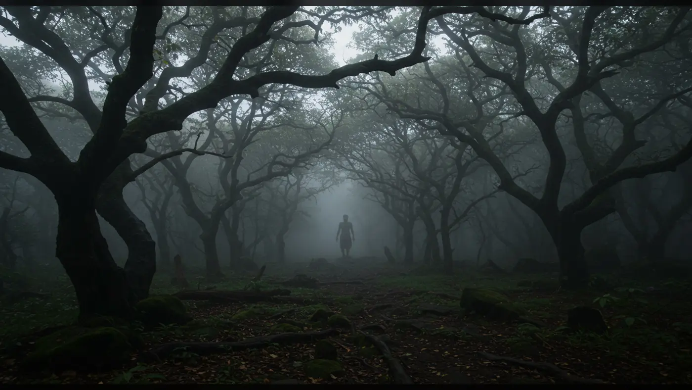 Shadowy Figure in Foggy Forest – Chilling Dark Woods Horror Background