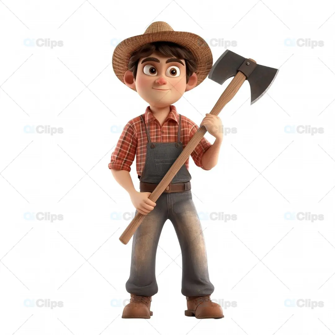 3D Young Farmer with Axe in Straw Hat