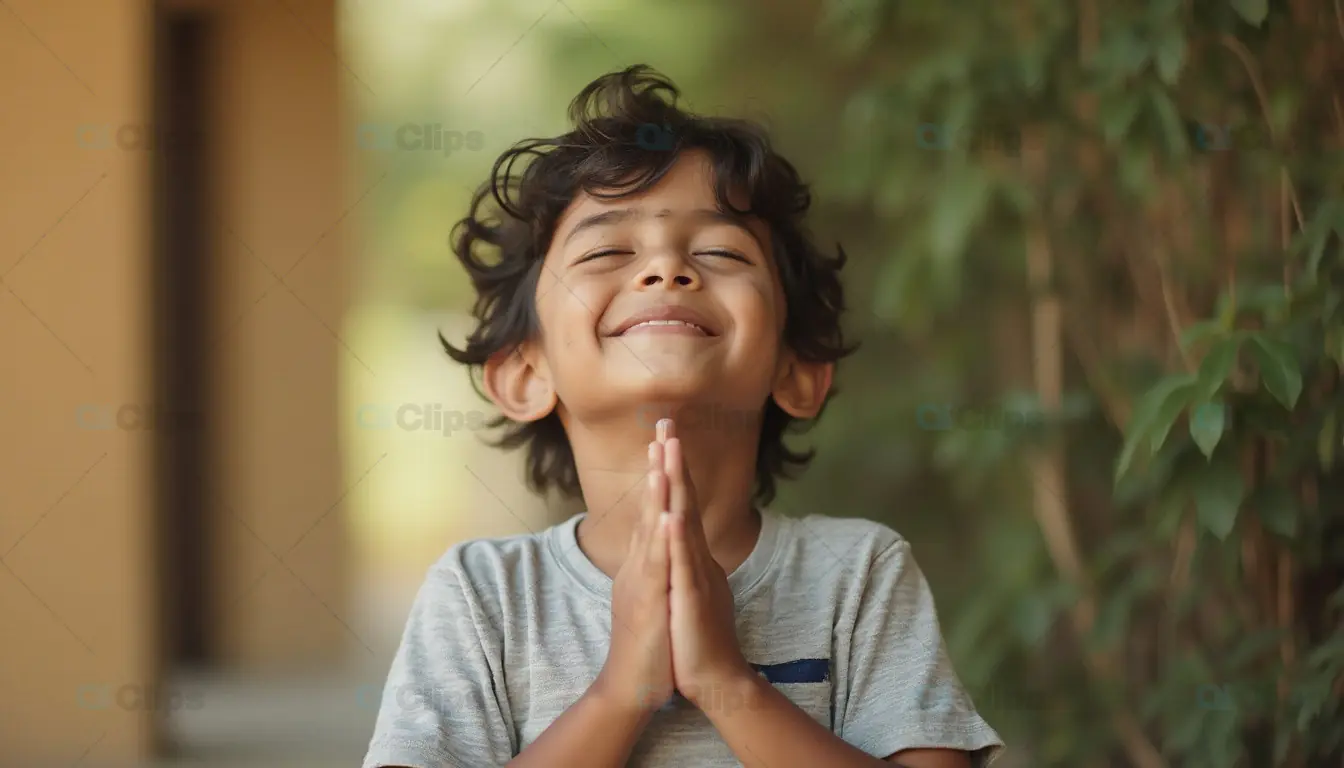 Joyful Child in Namaste Gesture Outdoors