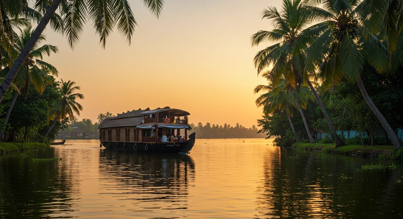 Peaceful Kerala Houseboat Cruise Through Backwaters at Sunset