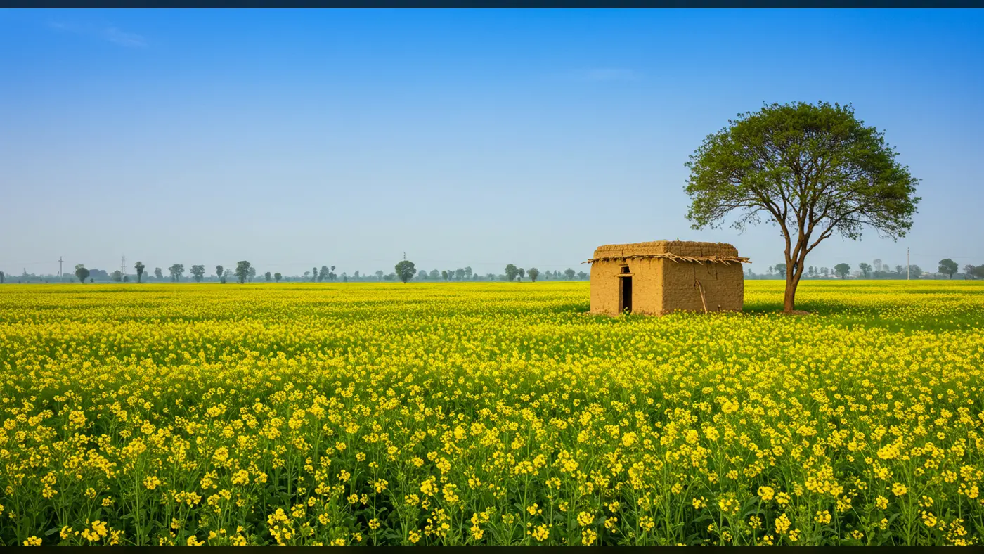 Mustard Flower Field with Mud House & Tree | Indian Rural Landscape by AIClips