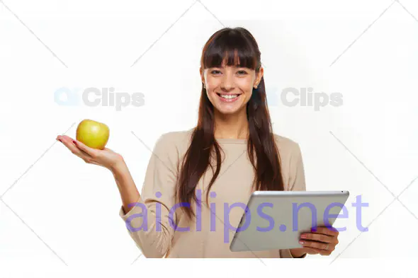 Woman Holding Apple and Tablet