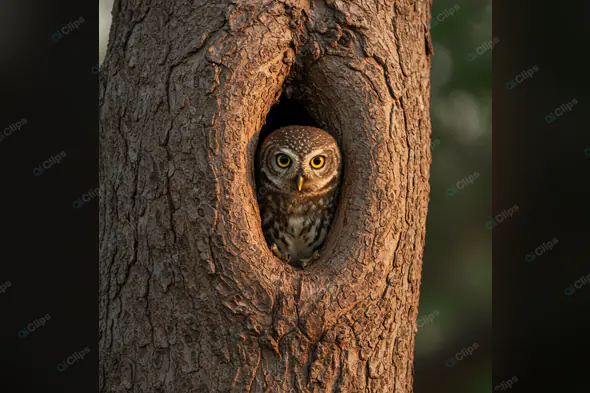 Owl Peeking from Tree Hollow