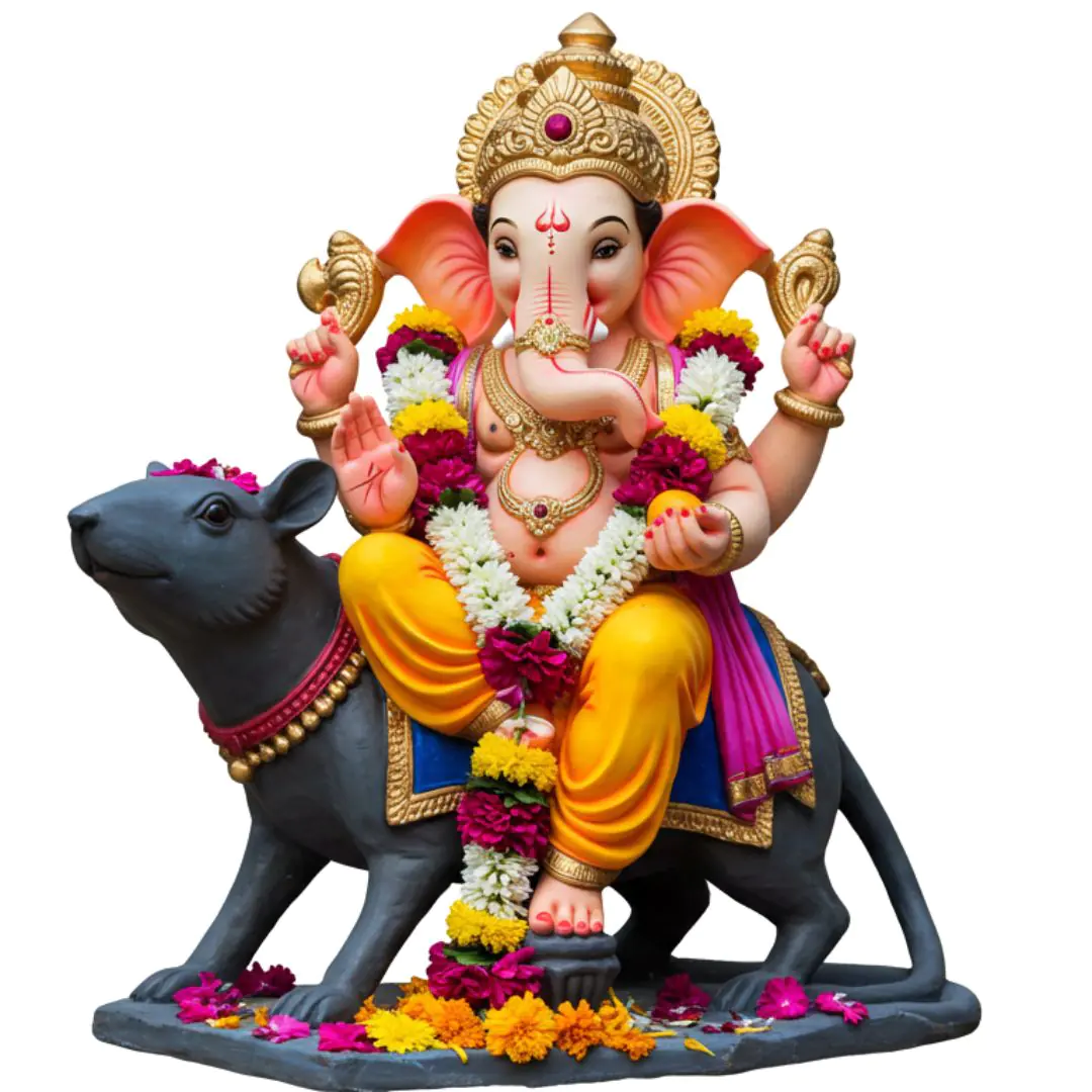 Ganesha Riding Colorful Mouse Deity Statue PNG