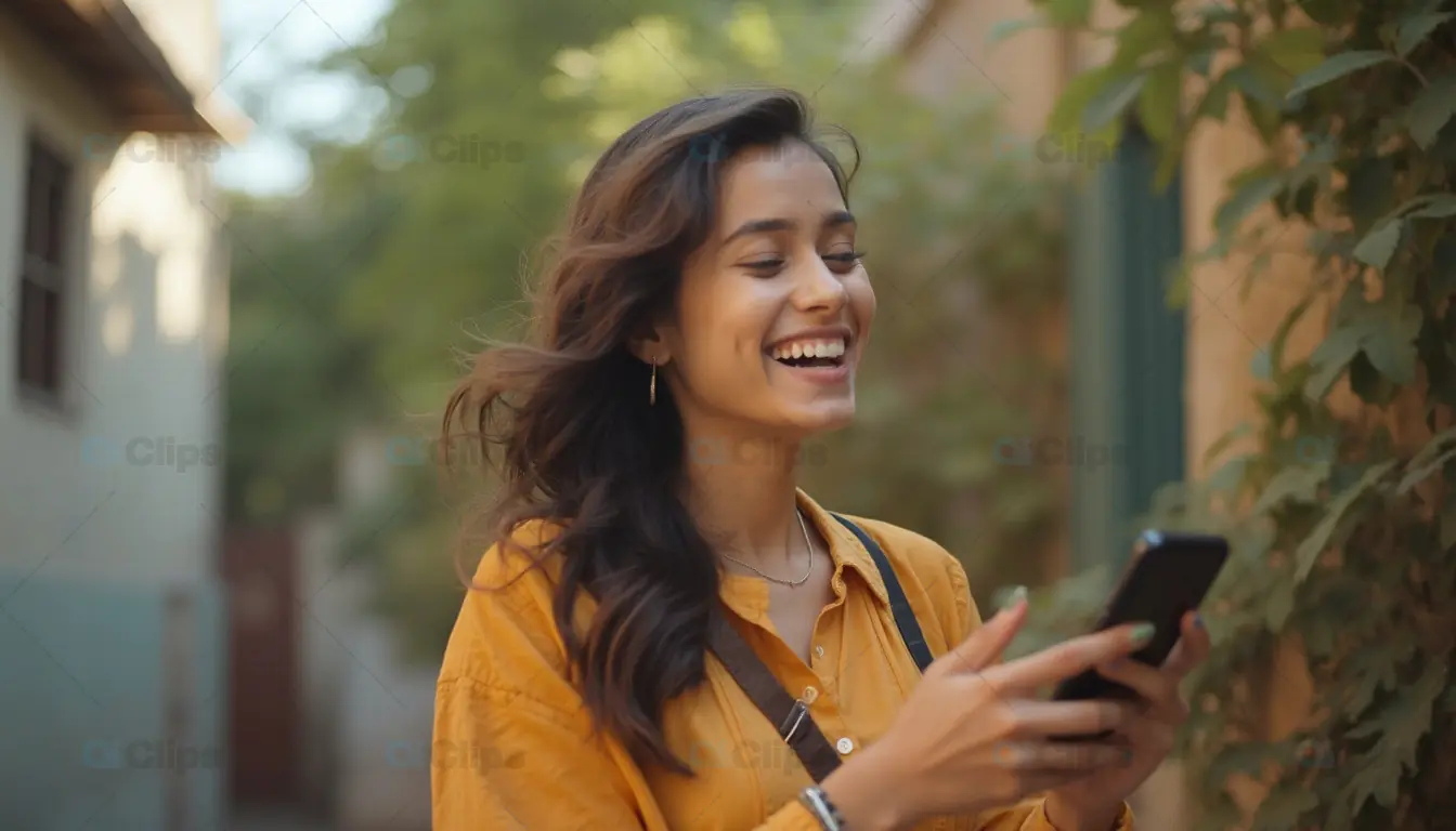 Smiling Woman Outdoors with Smartphone