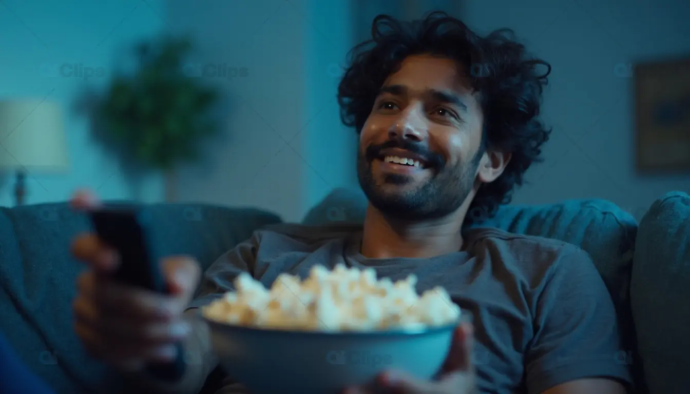Man Enjoying Movie Night with Popcorn and Remote