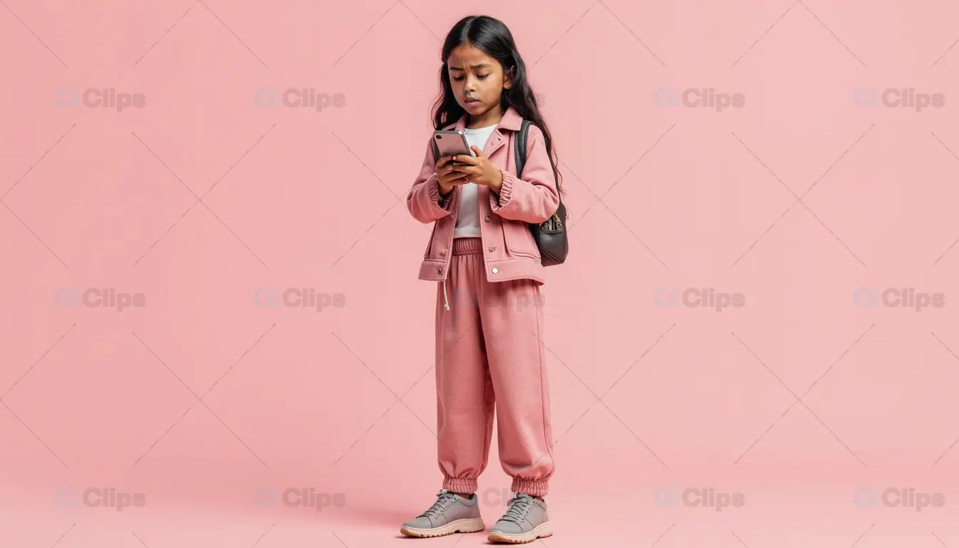 Young Girl Using Smartphone in Pink Tracksuit