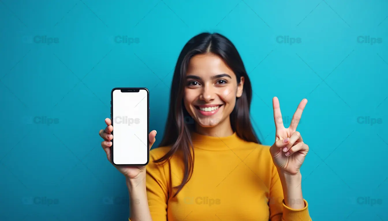 Woman Showing Phone with Peace Sign