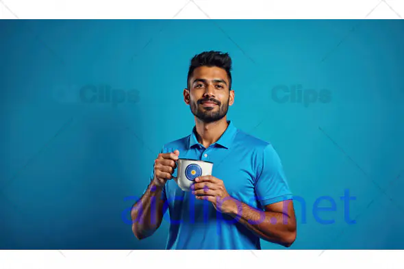 Man Holding Ceramic Mug in Blue Shirt