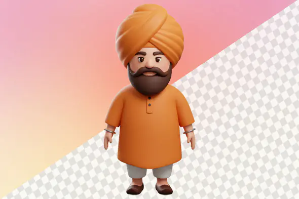 3D Sikh character orange kurta turban beard cartoon