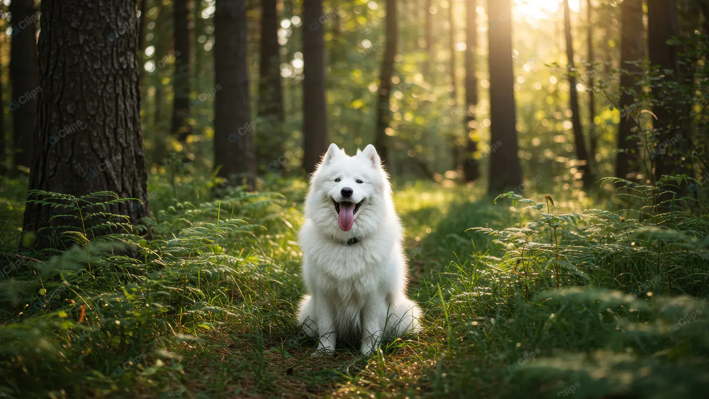 Joyful Samoyed in Sunlit Forest