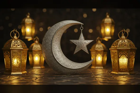 Golden Eid Lanterns and Engraved Crescent Moon with Star | AIClips Islamic Festival Image