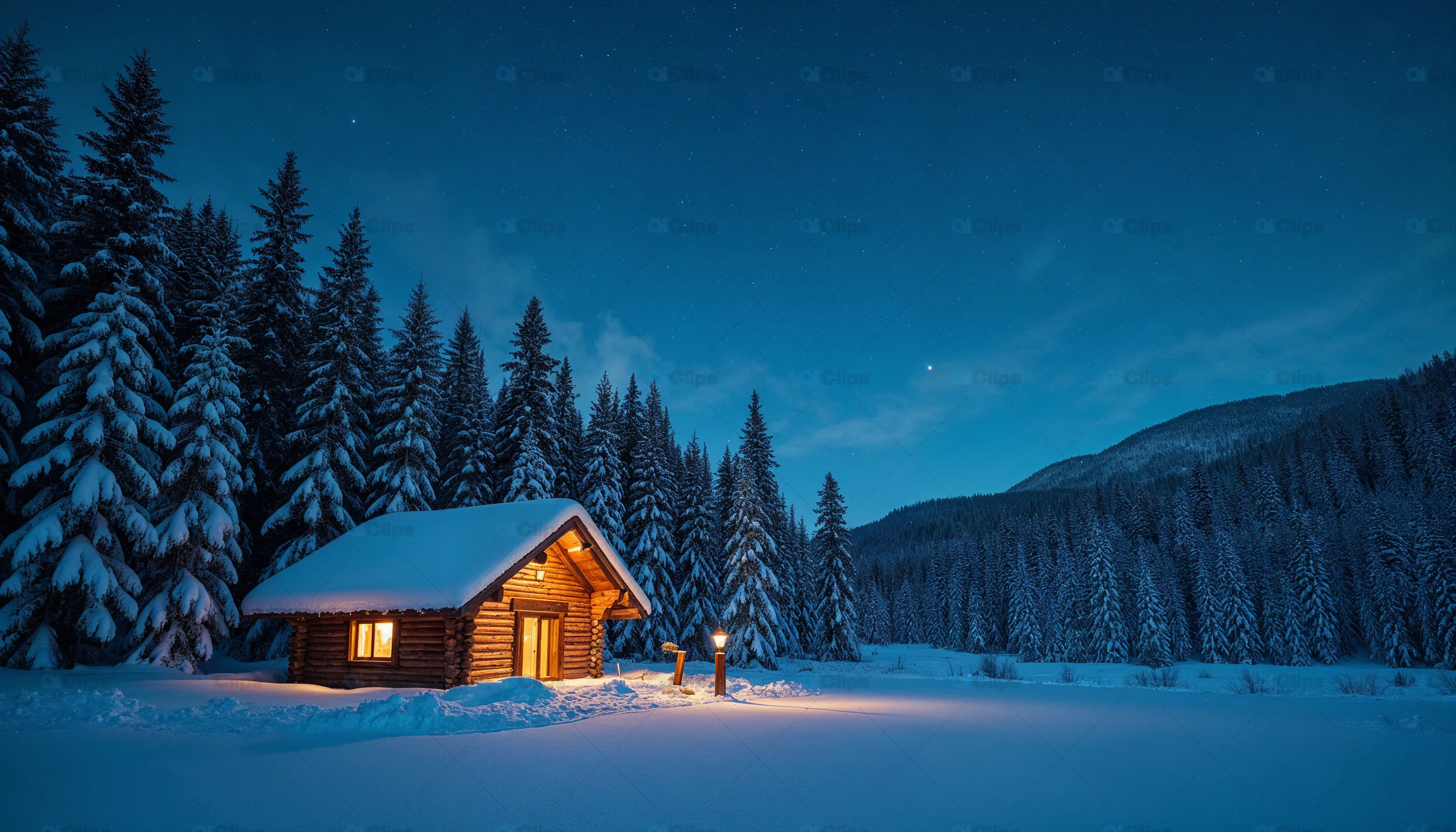 Cozy Cabin in Snowy Forest at Night
