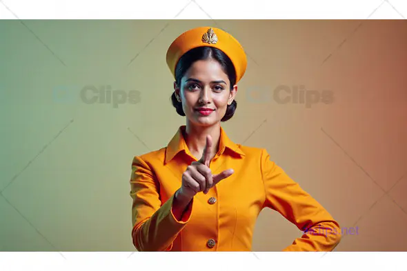 Female Attendant in Orange Uniform Pointing Up