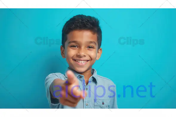 Smiling Boy Pointing Forward on Blue Background