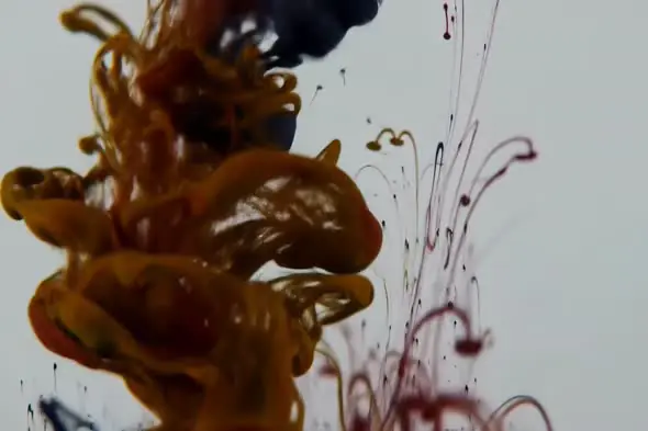Abstract Yellow, Blue, and Red Ink Swirl in Water on Light Background