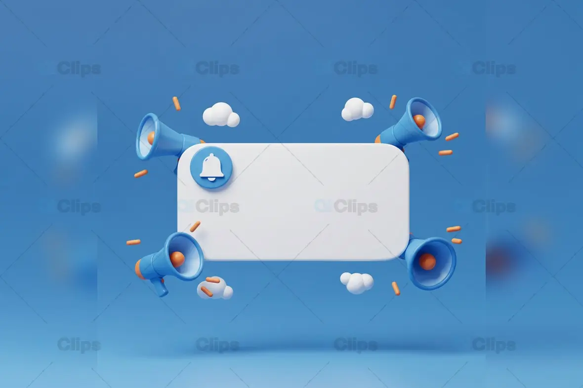 3D Notification Banner with Megaphones and Cloud Icons
