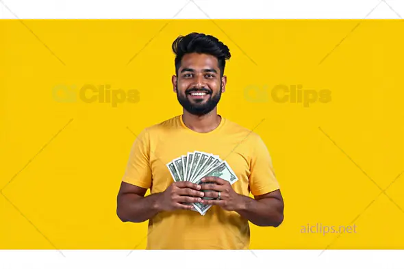 Smiling Man Holding Cash Fan