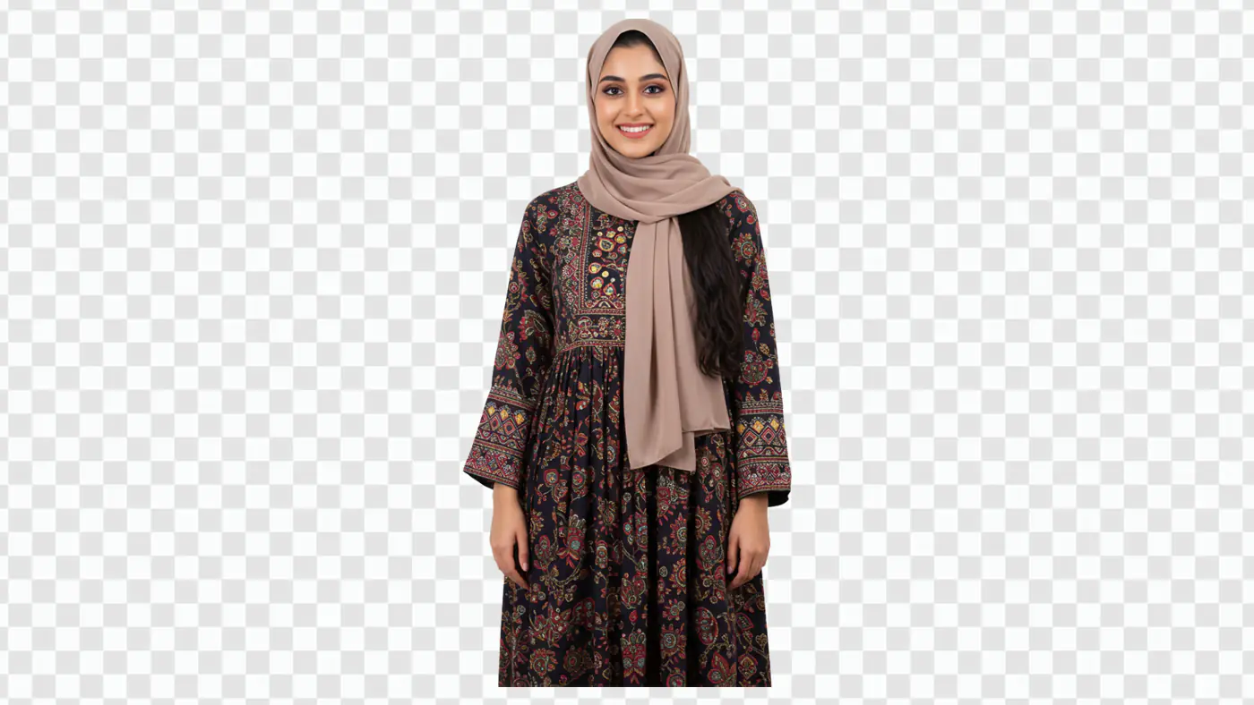 Smiling Woman in Floral Abaya and Hijab PNG