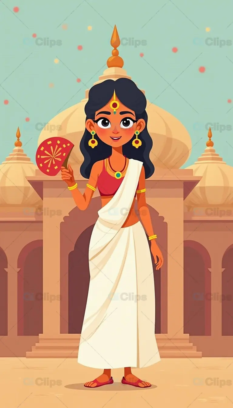 Cartoon Woman in Traditional White Saree with Fan in Temple Background