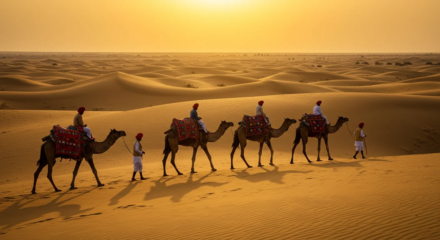 Camel Caravan Crossing the Thar Desert at Sunset in Rajasthan