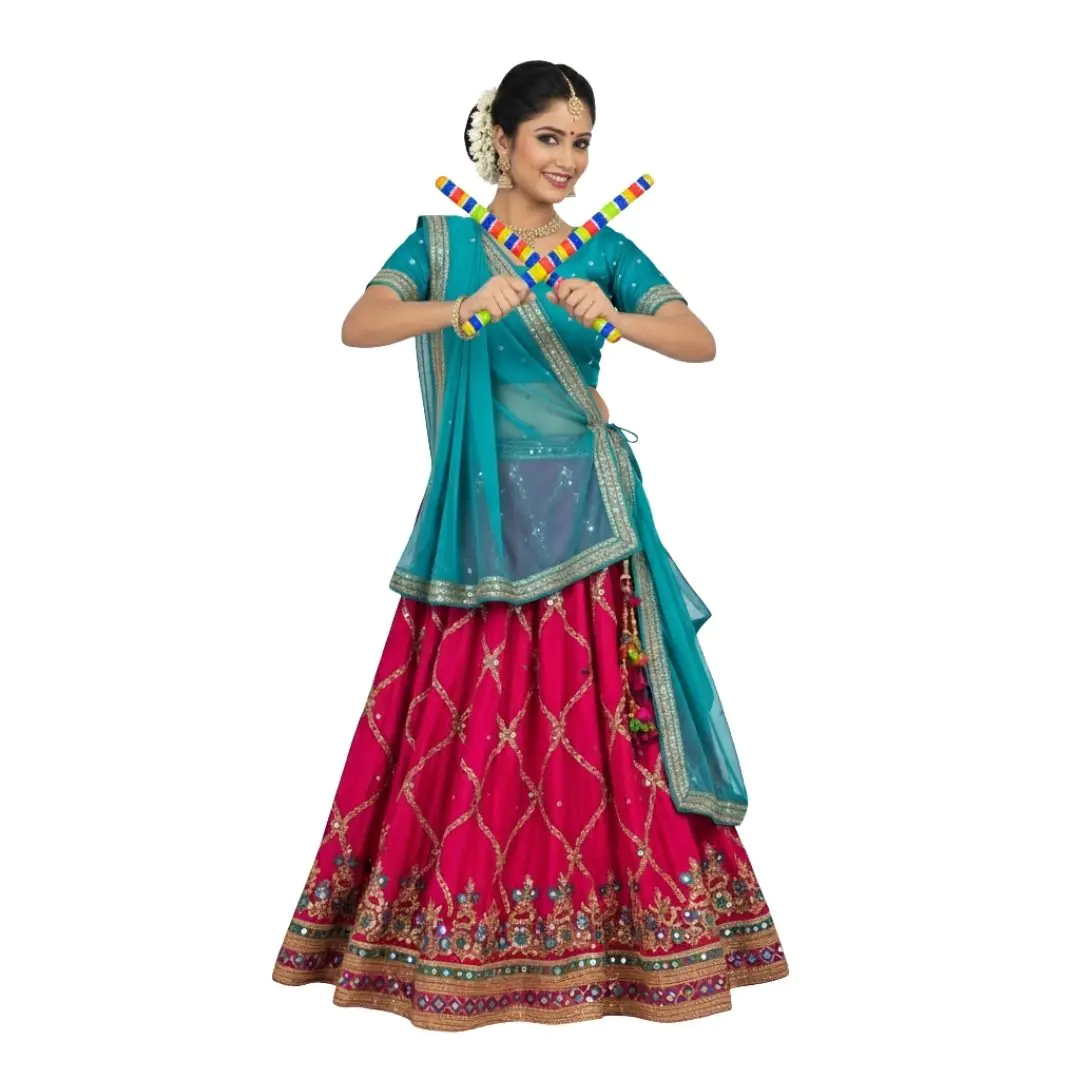Festive Indian Woman with Colorful Dandiya Sticks PNG