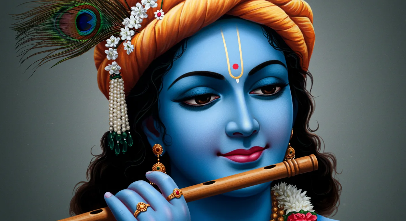 Elegant Lord Krishna Playing Flute – Divine Close-Up with Floral Turban